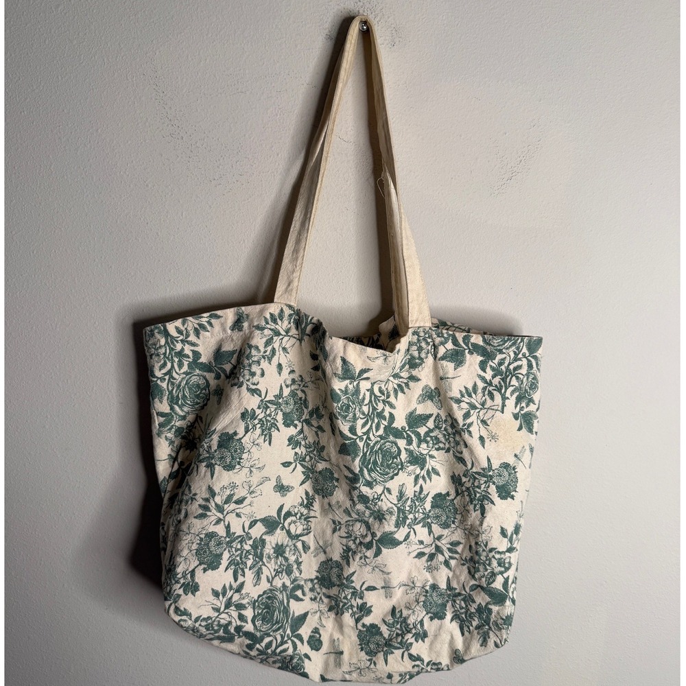 Sezane Women's Green White Floral Print Canvas Tote Bag Reusable Shopping Chic - Picture 4 of 7